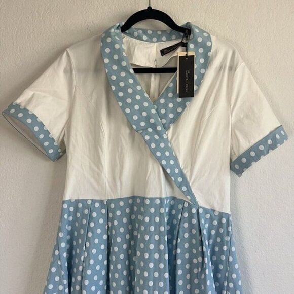 GownTown Women's Pinup 60s Vintage Blue Polkadot Swing Plus Size Dress XXL NWT - Picture 6 of 10
